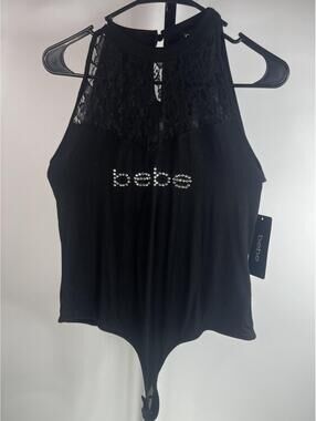 NWT Bebe Women’s Black Lace Mesh Bodysuit Large Rhinestone Logo Halter Top
